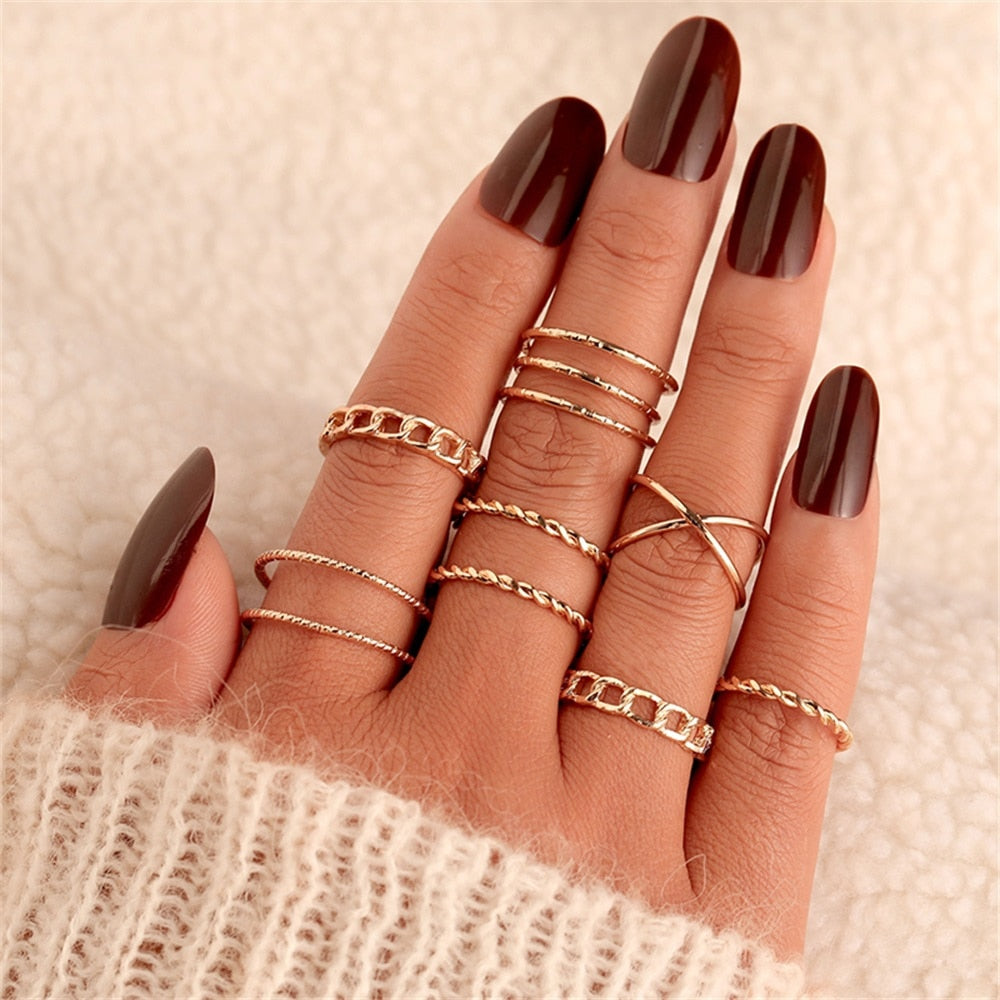 Bohemian Gold Color Chain Rings Set