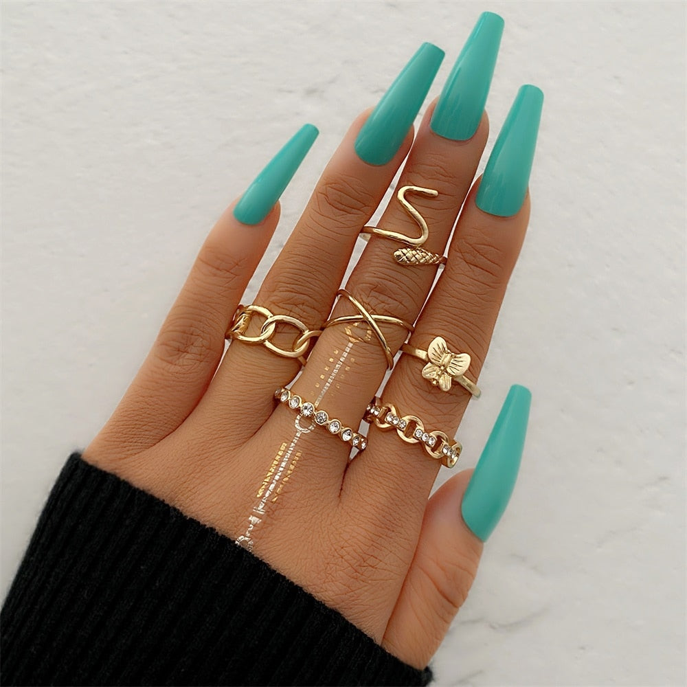 Bohemian Gold Color Chain Rings Set