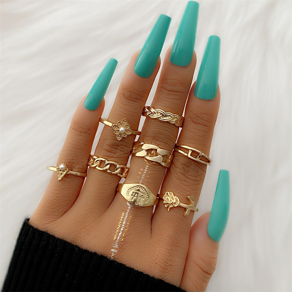 Bohemian Gold Color Chain Rings Set