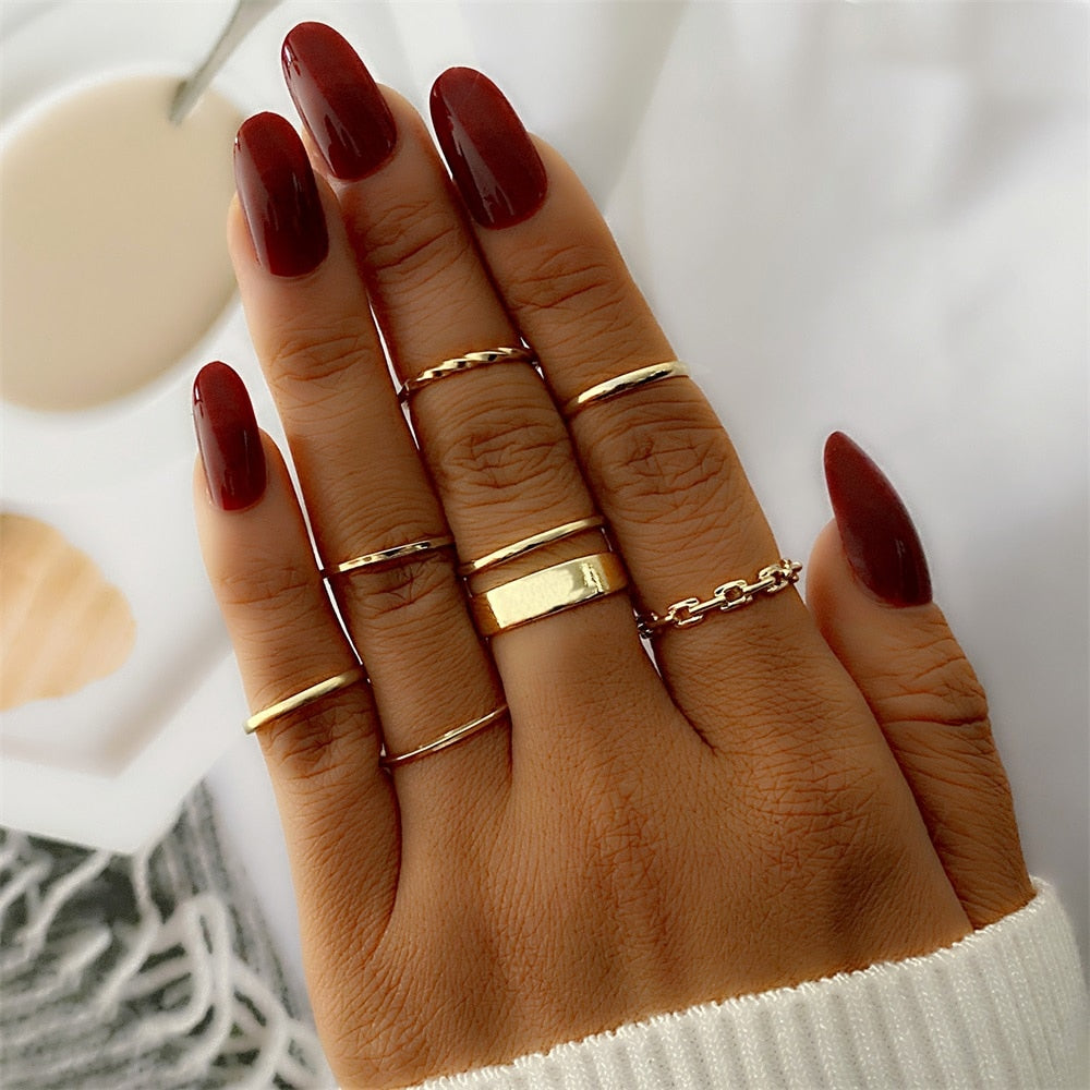 Bohemian Gold Color Chain Rings Set