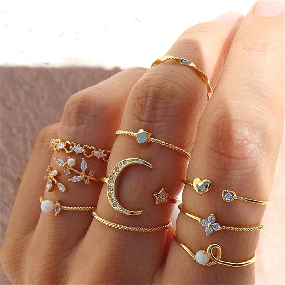 Bohemian Gold Color Chain Rings Set