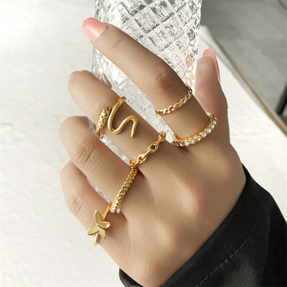 Bohemian Gold Color Chain Rings Set