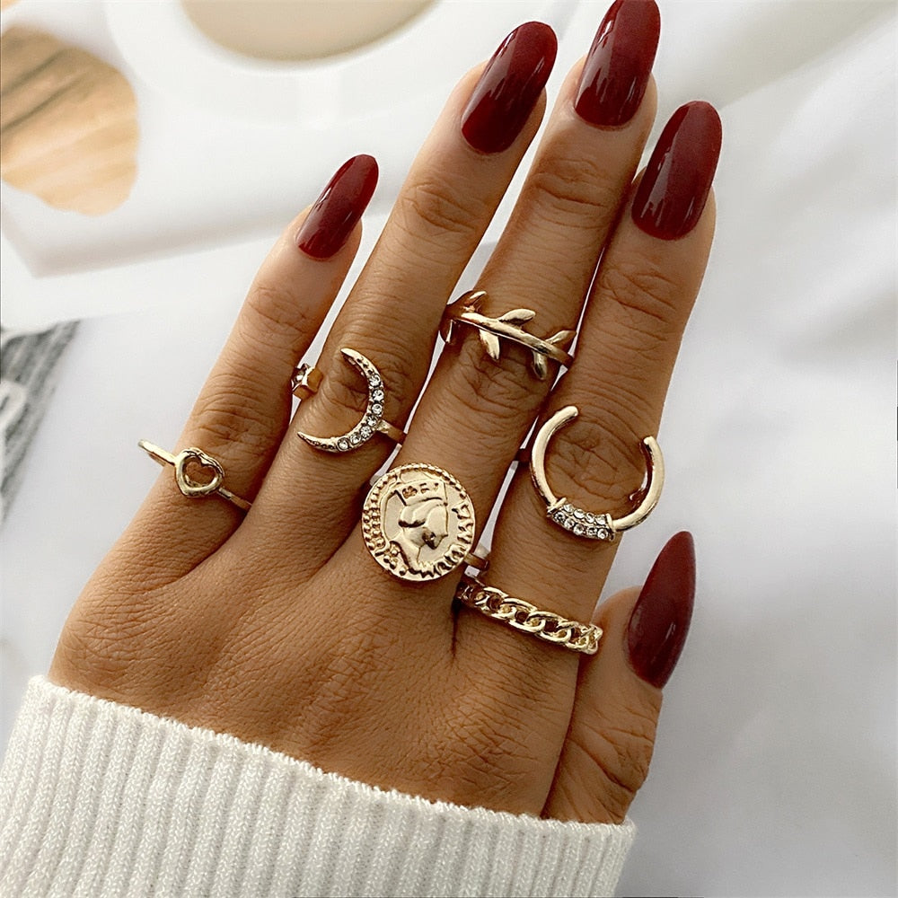 Bohemian Gold Color Chain Rings Set