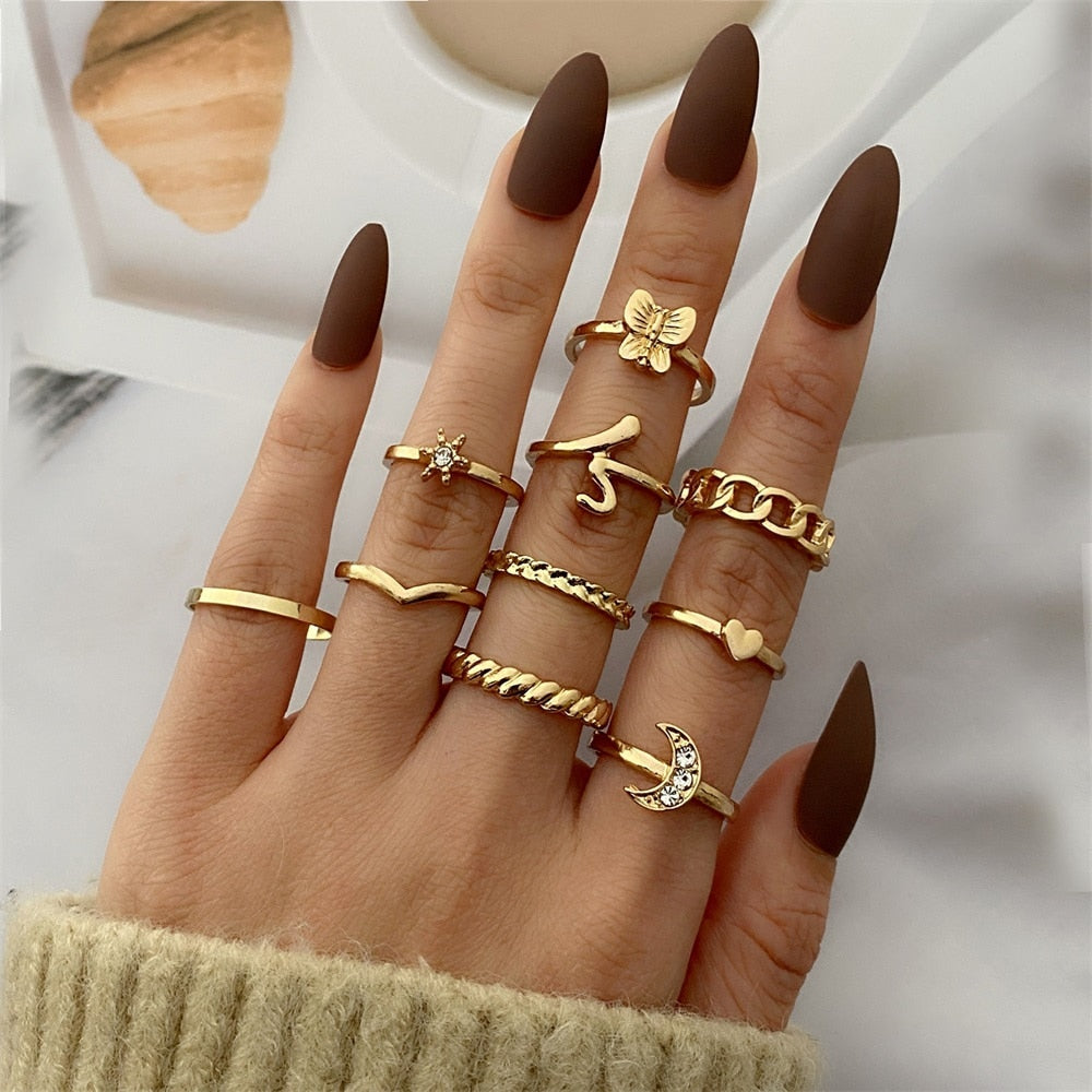 Bohemian Gold Color Chain Rings Set