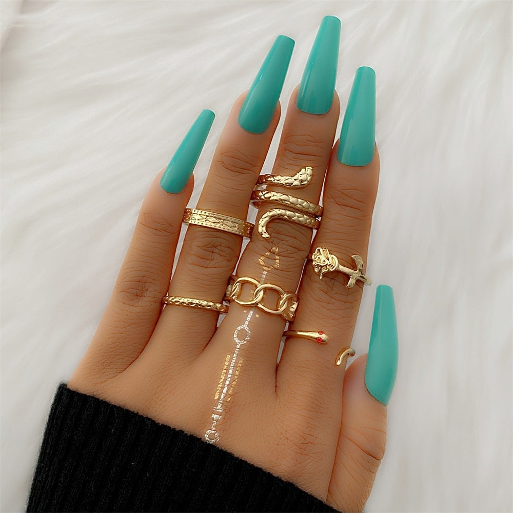 Bohemian Gold Color Chain Rings Set